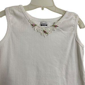 (4-127) Fast Lane White Tank Top with Pink Flowers & White Lace Appliqué